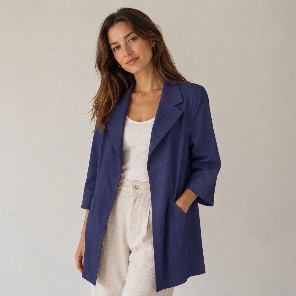 EILEEN FISHER Women Polished Ramie Stretch  Silk Blend Jacket Midnight Blue SP